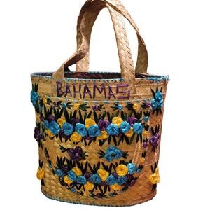 Vintage Floral Straw Purse Top Handle Tote Bahamas Vintage Blue Brown Purple